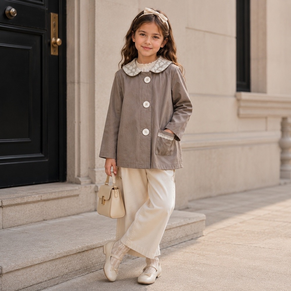 Jelly the Pug Girls 8 Shannon Grigio‎ Coat Lace Collar Taupe Dress Jacket NEW